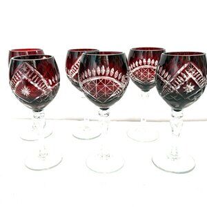 Vintage Bohemia Crystal Cordial Glasses Set 6 Hand Cut Cranberry Red Czech 5.5”